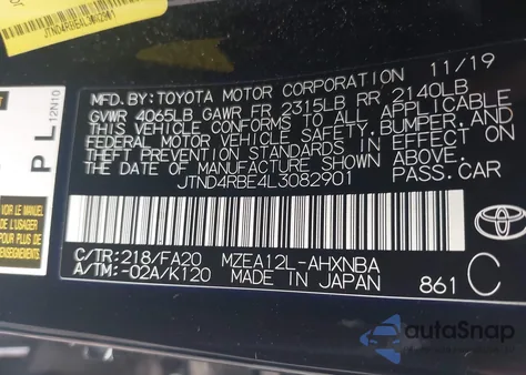 2020 Toyota Corolla Se from USA, damaged, VIN JTND4RBE4L3082901